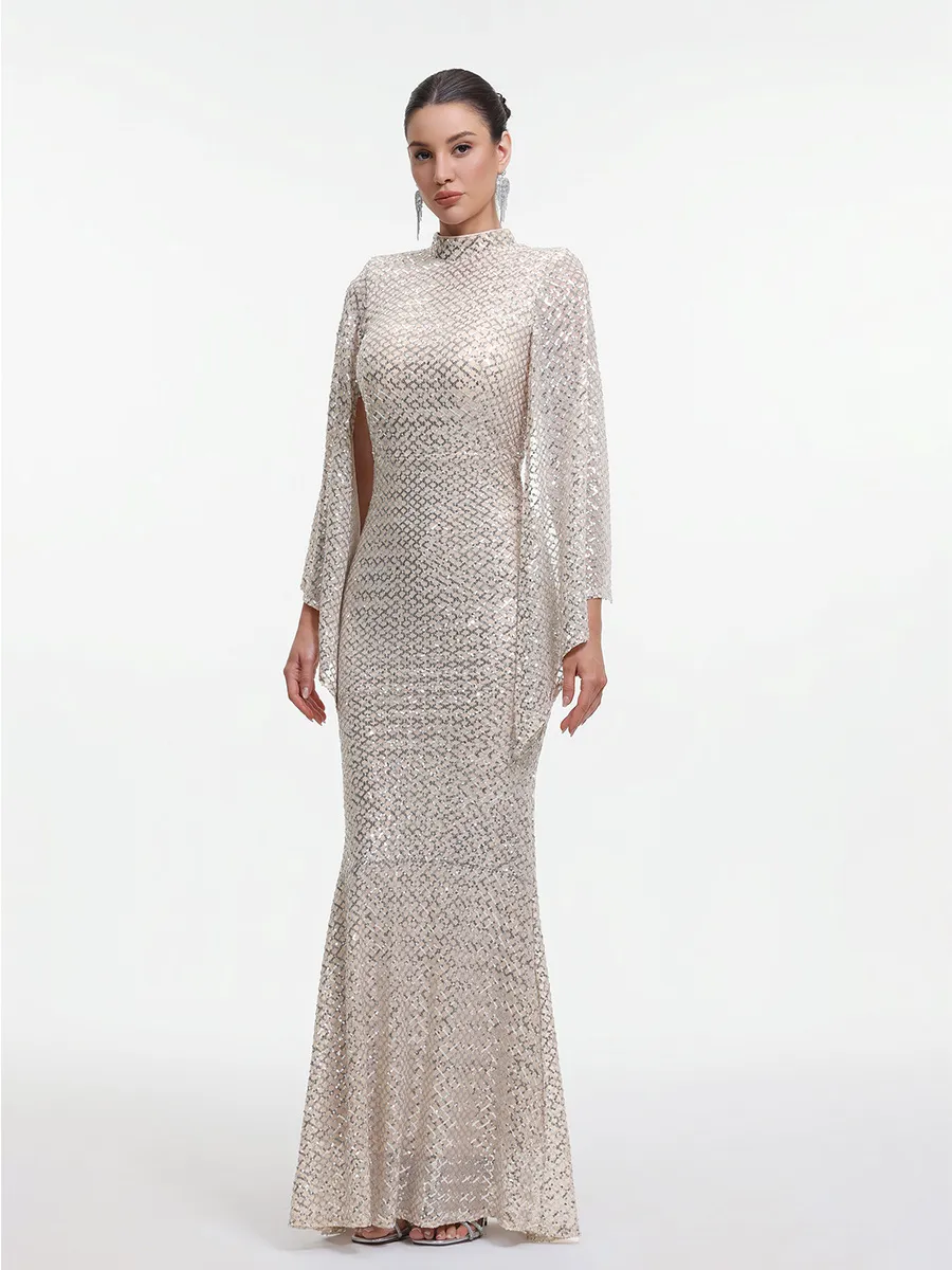 Marcella Contour Cape Sleeve Sequin Maxi Dress