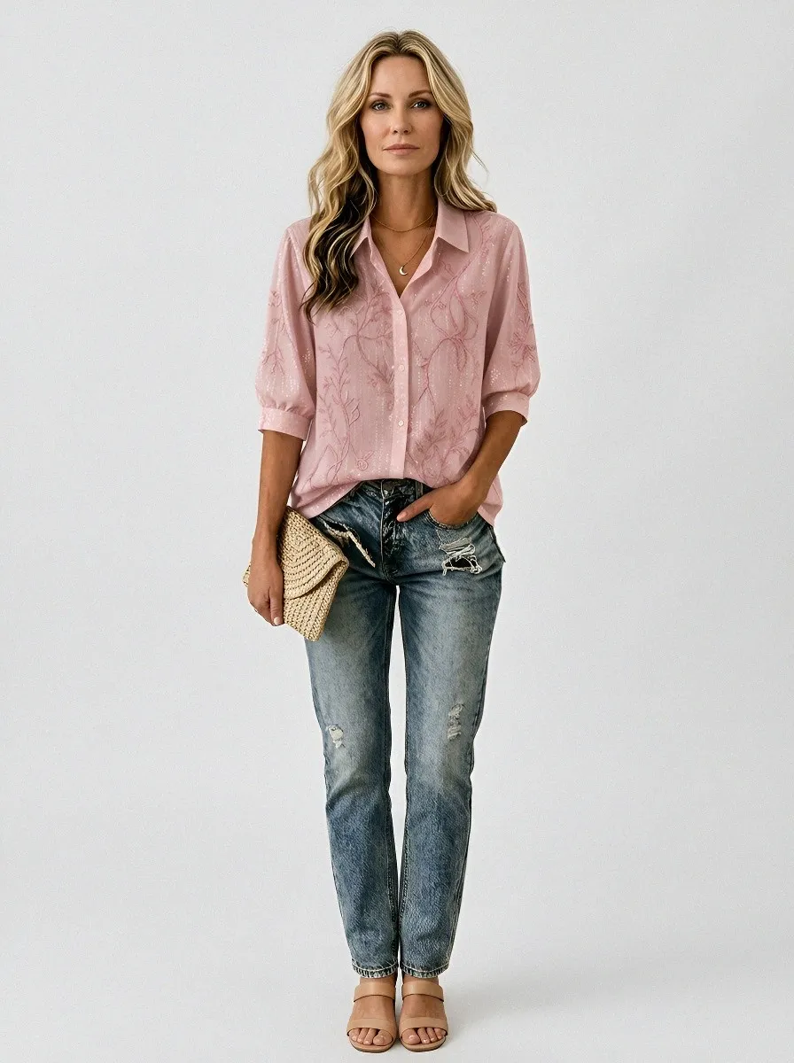 Women's Breast Cancer Awareness Floral Embroidered Printed Shirt