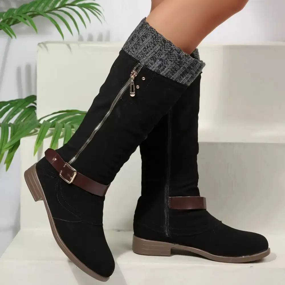 Ruffled Round Toe Block Heels Boots