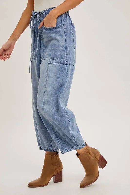 Blue Drawstring Barrel Jeans