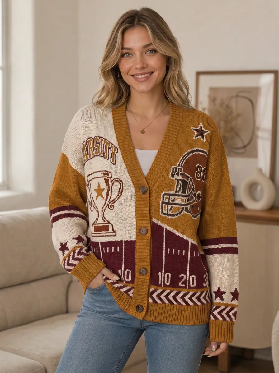 Women's Classic Distinctive Gridiron Helmet Trophy Ball Knit Cardigan