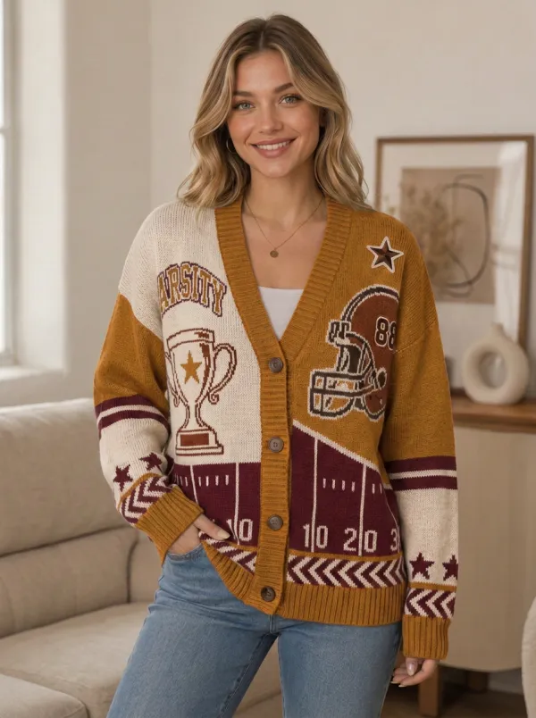 Women's Classic Distinctive Gridiron Helmet Trophy Ball Knit Cardigan