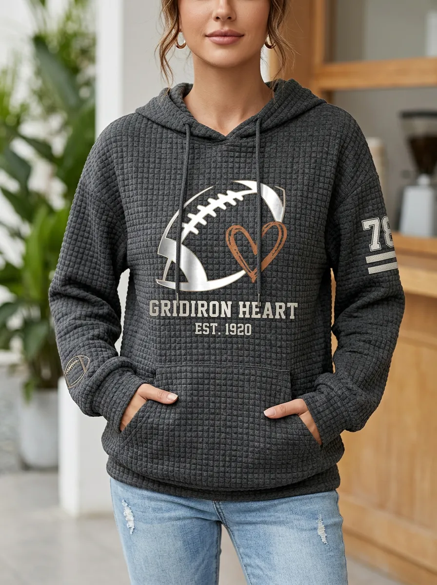 Women's Football Charcoal Waffle-Knit Graphic Hoodie