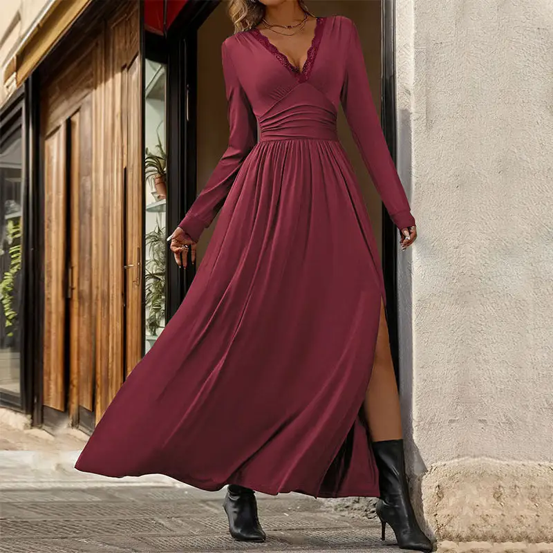Women's V-Neck Long-Sleeve Ruffled Bridal Maxi Dress