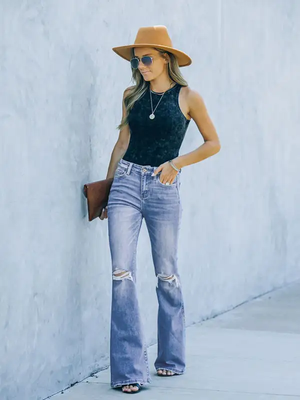 Bootcut Jeans High Waist Slimming Ripped Denim