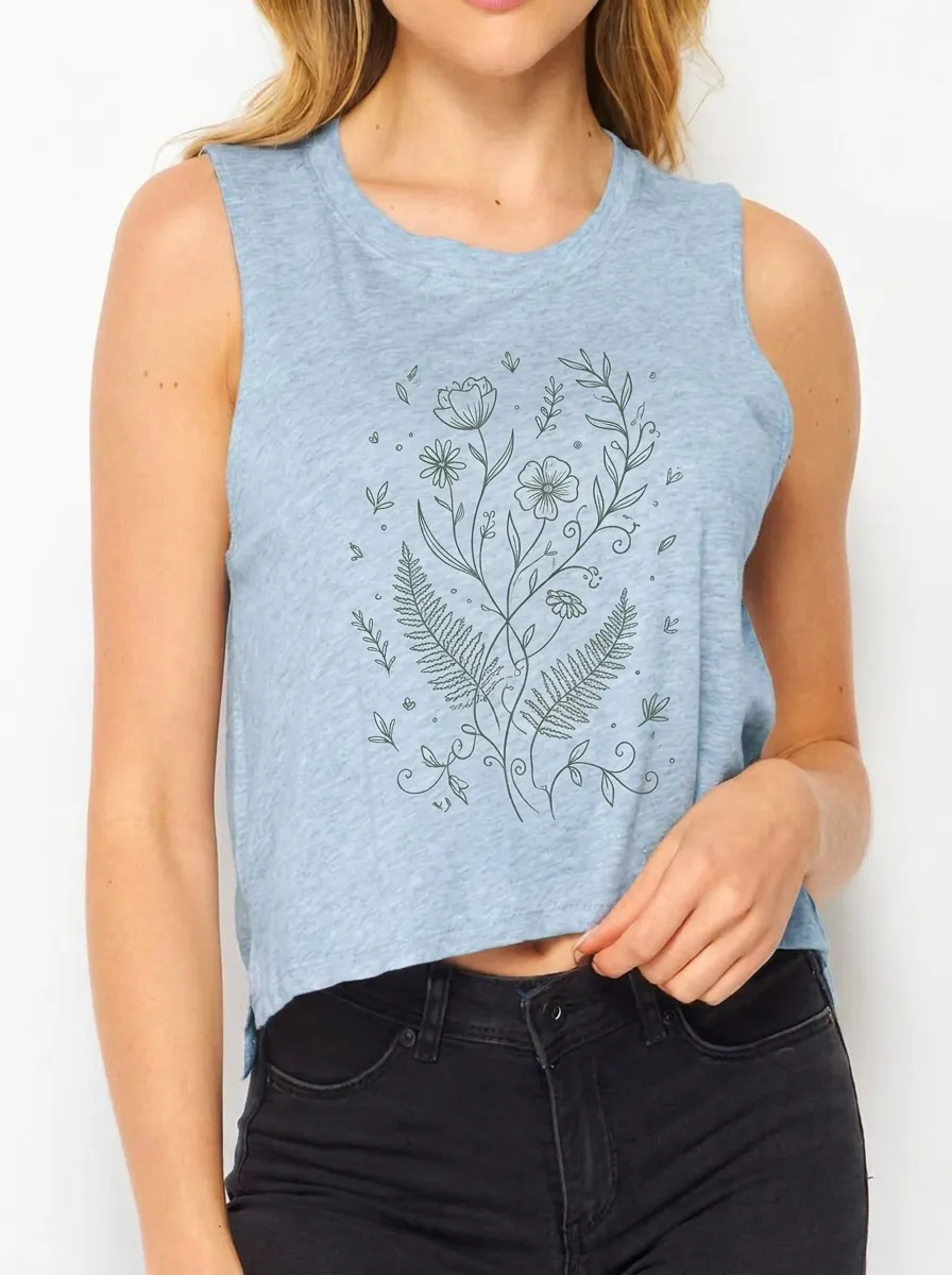 Women's Nature Lover Botanical Fern Flower Printed Crop Tank Top