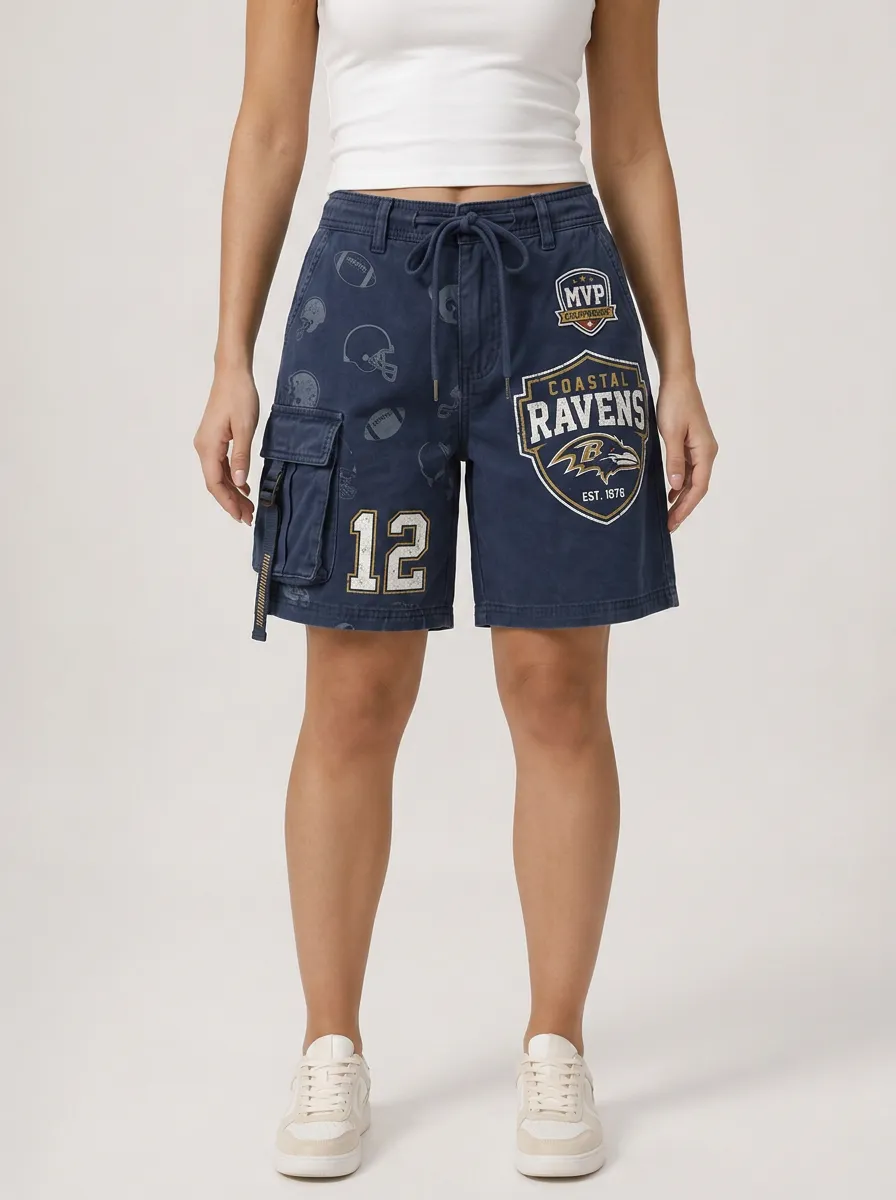 Women's Football Fan Coastal Ravens Logo Number 12 Printed Cargo Shorts