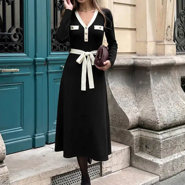 Women's V-Neck Long-Sleeve Belted Dress
