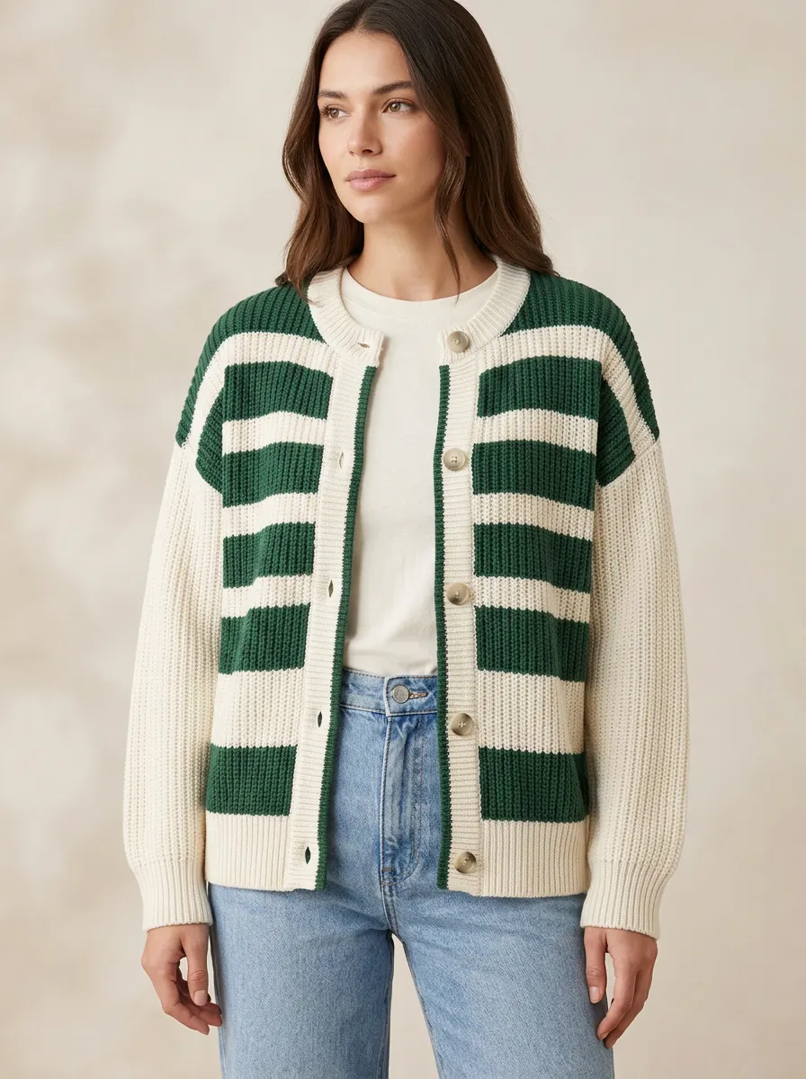 Classic Button Front Distinctive Rugby Striped Knit Cardigan