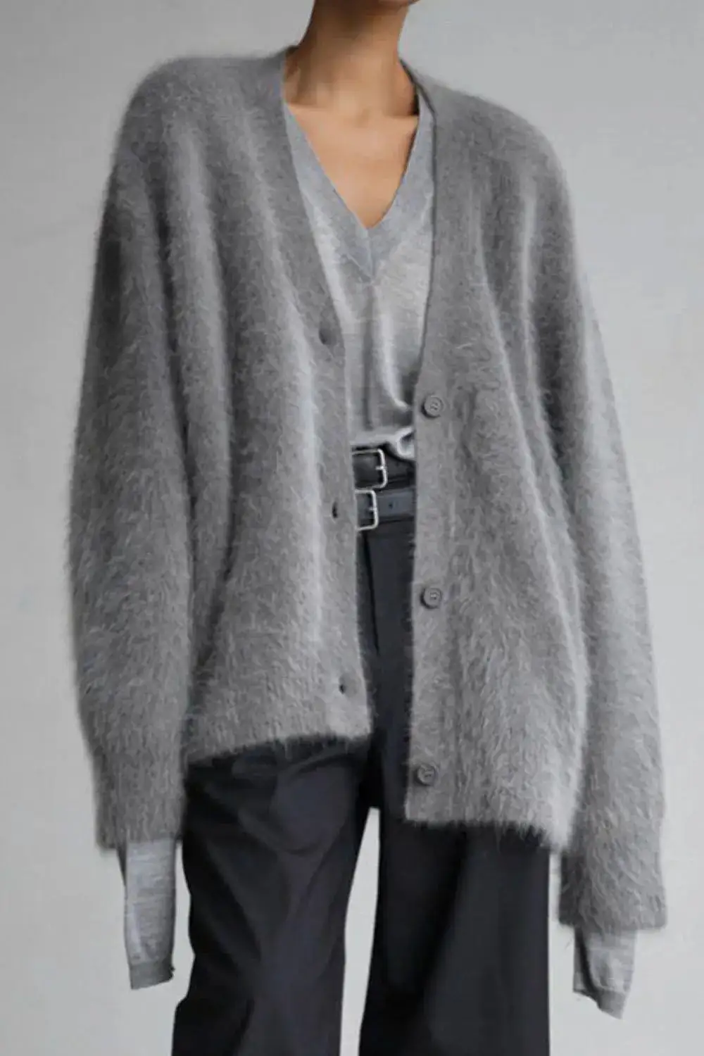 Button Down Fuzzy Long Sleeve Cardigan
