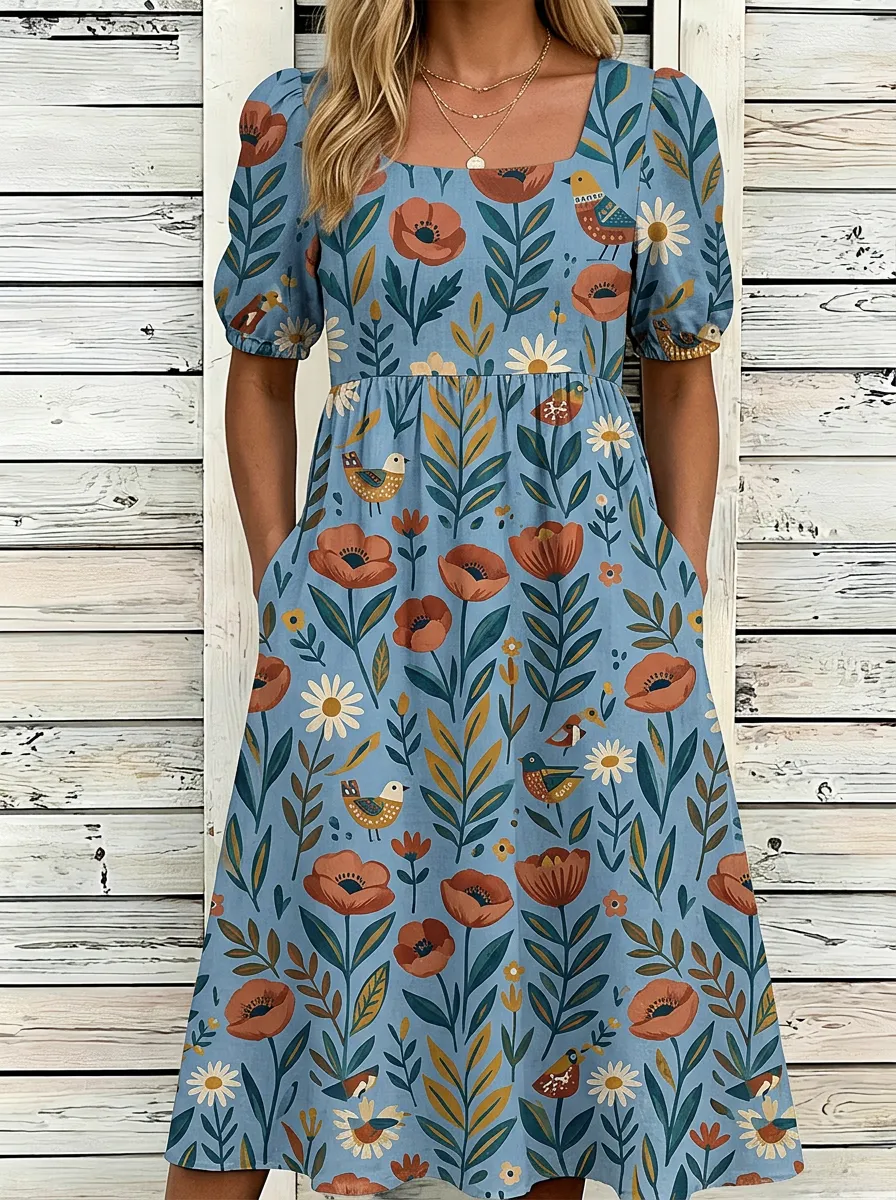 Women's Floral Bird Nature Lover Printed Square Neck Dress