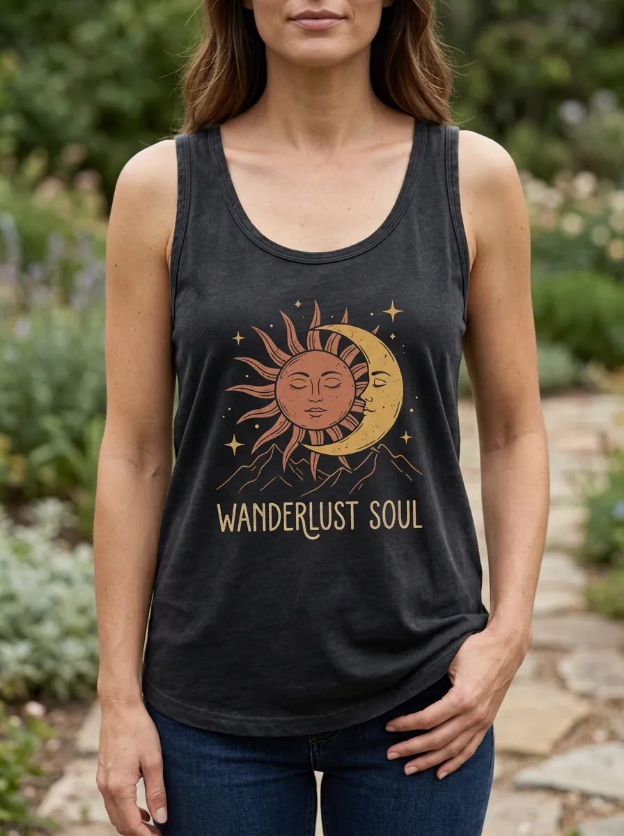 Women's Wanderlust Soul Celestial Sun Moon Printed Tank Top