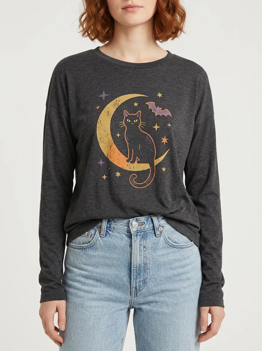 Women's Halloween Black Cat Moon Bat Stars Printed Long Sleeve T-shirt