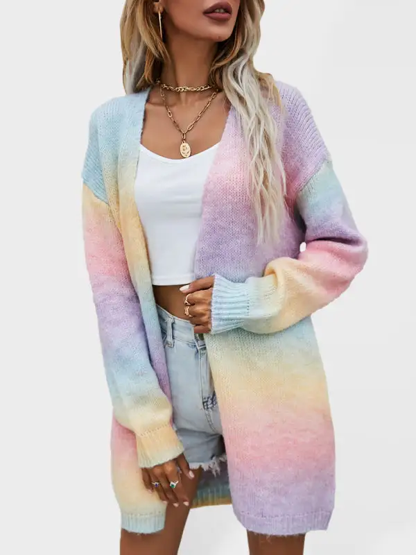 Open-Front Long-Sleeve Drop-Shoulder Mid-Length Knit Jacket