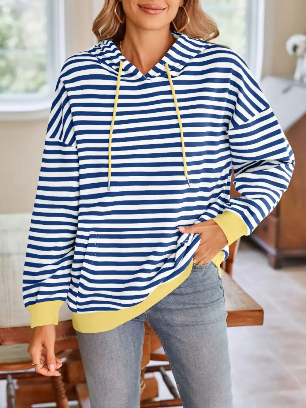 Drawstring Long-Sleeve Striped Hoodie