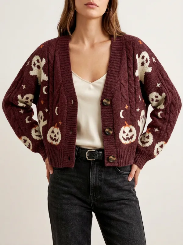 Women's Halloween Ghost Pumpkin Pattern Knitted Cardigan