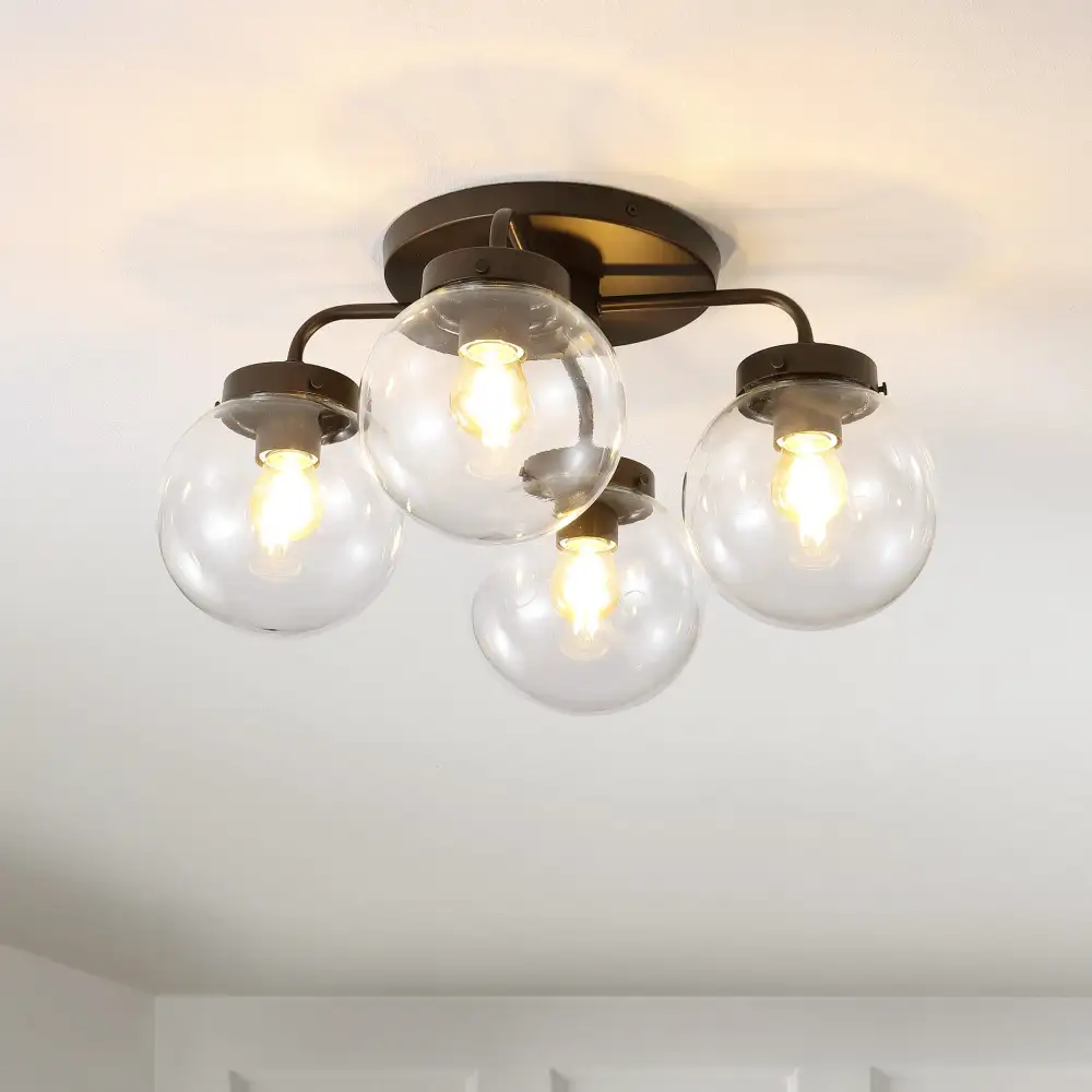 Four-Light Farmhouse Rustic Iron Glass LED Semi Flush Mount