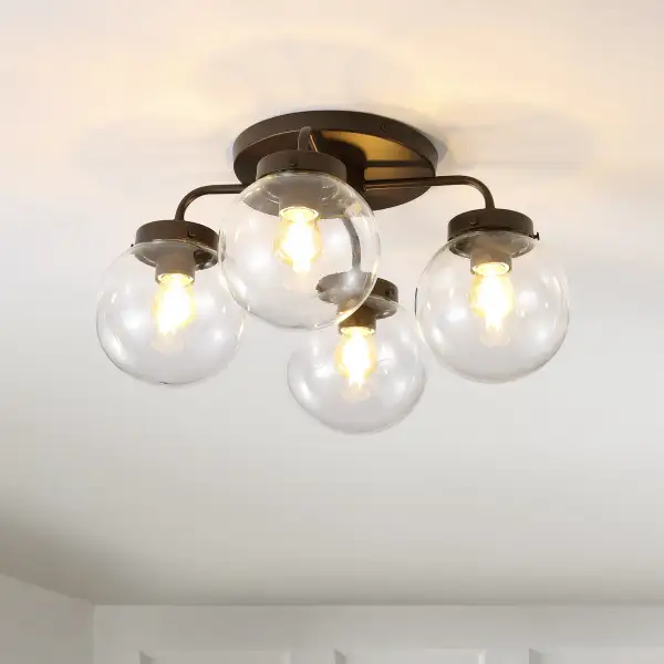 Four-Light Farmhouse Rustic Iron Glass LED Semi Flush Mount