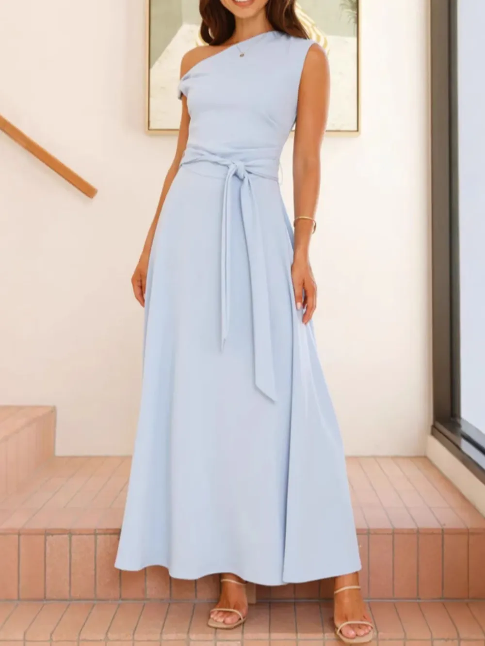 Single Shoulder Tie Waist Maxi Dress