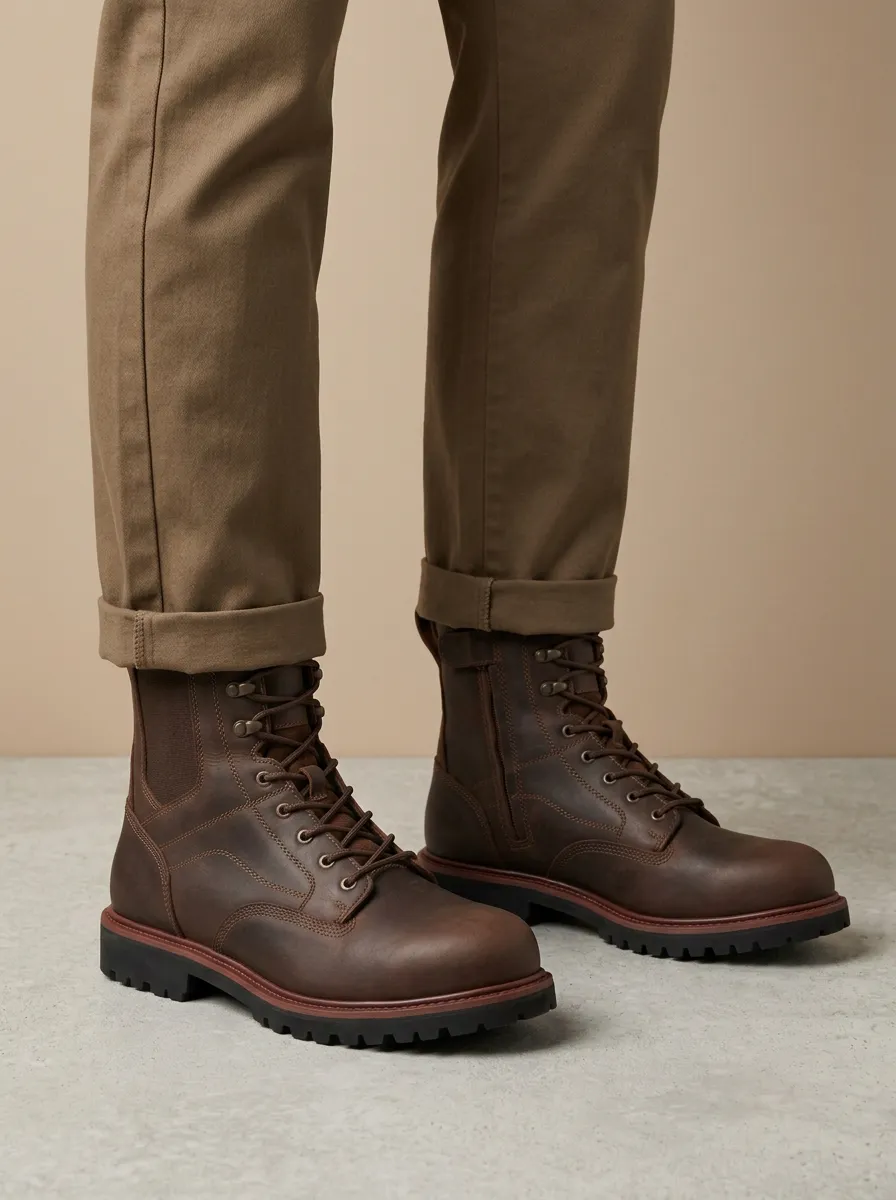Unisex Leather Side-Zip Lace-Up Work Boots
