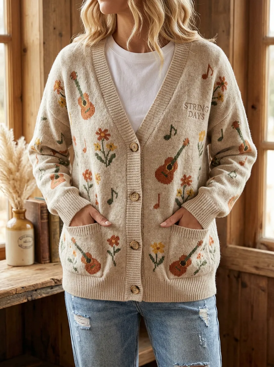 Guitar Floral Women's Country Music Casual Cardigan