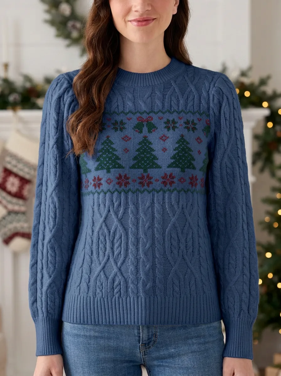 Christmas Holiday Tree Bell Pattern Print Cable Knit Sweater