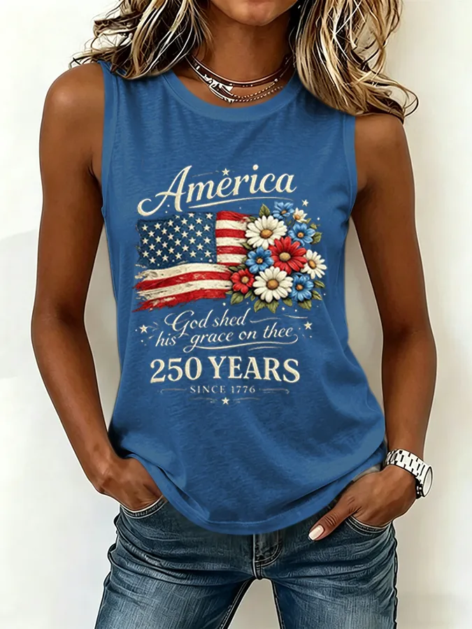 Women's America 250 Years Flag Floral  Printed Tank Top