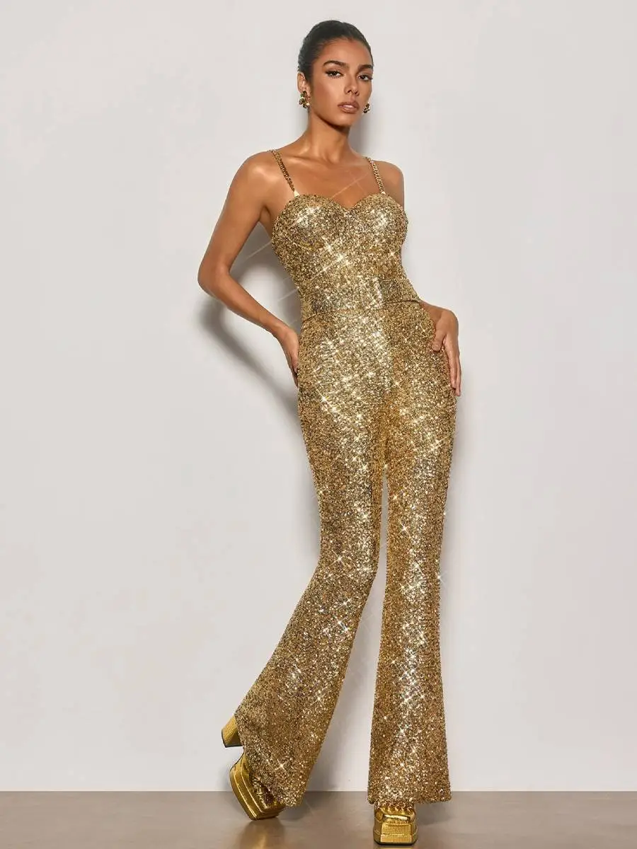 Sarah Spaghetti Sequin Flared Jumpsuit