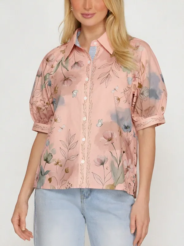 Women's Floral Botanical Butterfly Printed Puff Sleeve Shirt