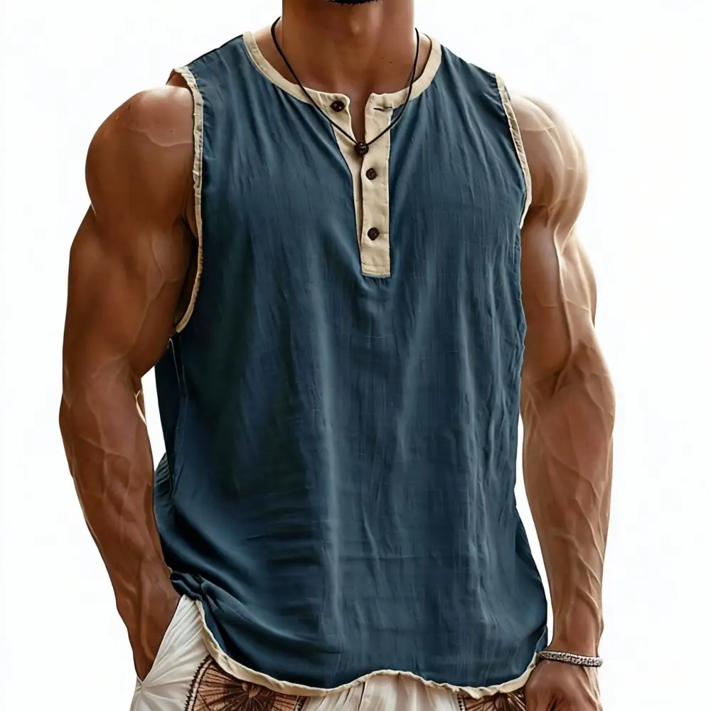 Men's Sleeveless Henley Muscle Shirt With Button Placket And Contrast Trim