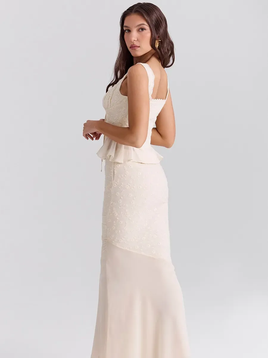 Ophelia Vintage Cream Cotton Maxi Skirt Set