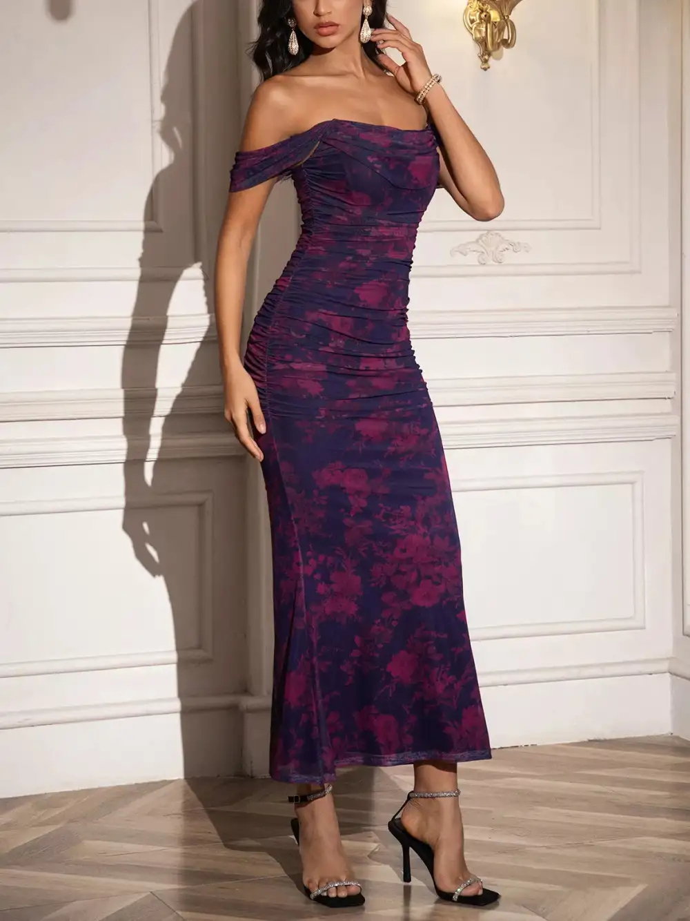 Ruched Off-Shoulder Floral Casual Dress