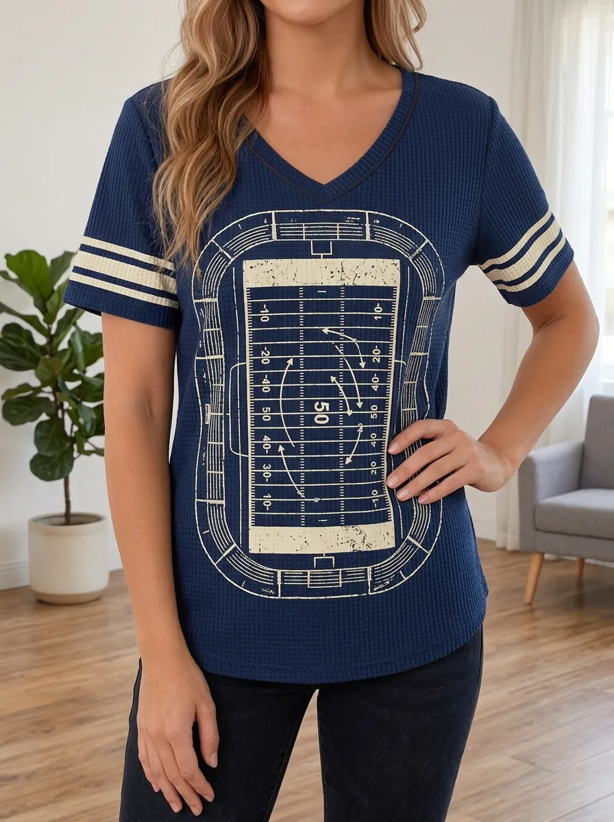 Women's Football Fan American Field Printed Waffle Knit Top