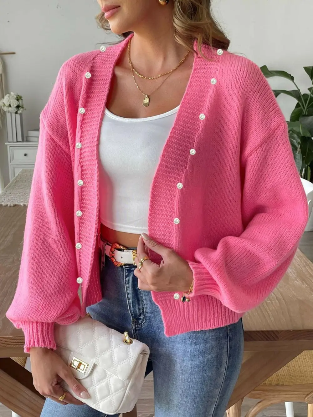Pearl Detail Open Front Cardigan