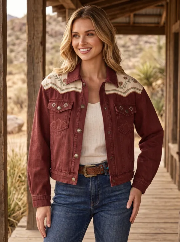 Women's Western Cowgirl Floral Embroidery Floral Embroidered Denim Jacket