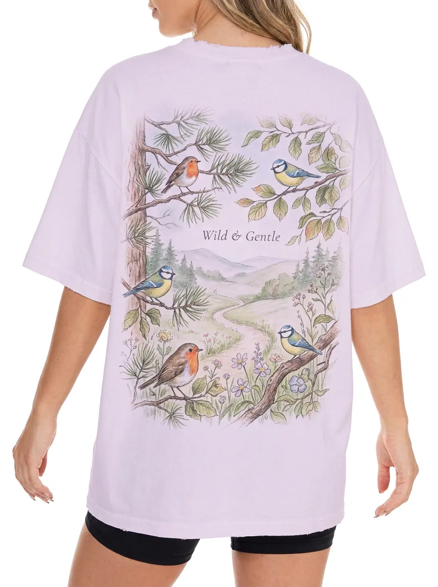 Women's Nature Lover Wild Bird Forest Printed T-shirt