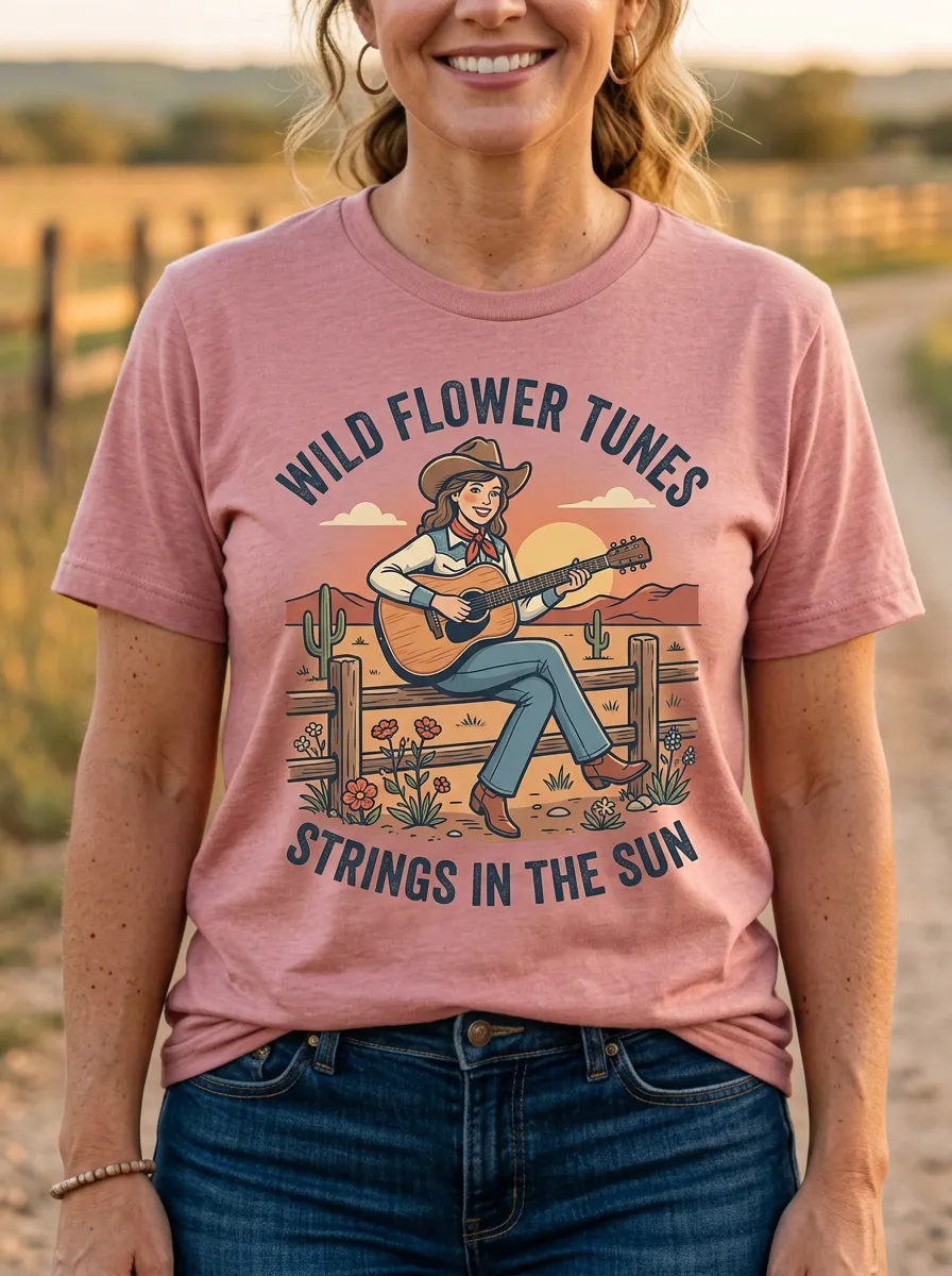 Nashville-Inspired Guitar Cowgirl Country Music Graphic T-Shirt