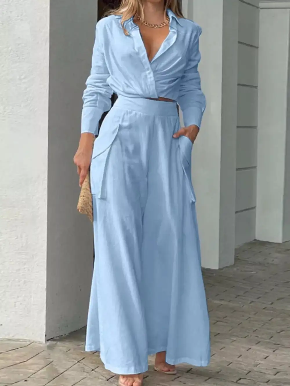 Long Sleeve Shirt Wide Leg Pants Set