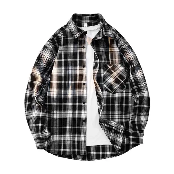 Men's Checkered Oversized Flannel Shirt With Patch Pocket Round Hem And Buttoned Front