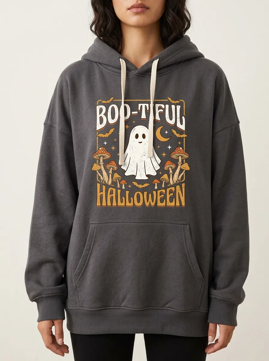 Women's Halloween Ghost Mushroom Boo-tiful Printed Hoodie