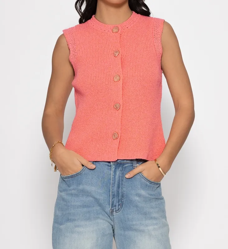 Coral Knit Button Top