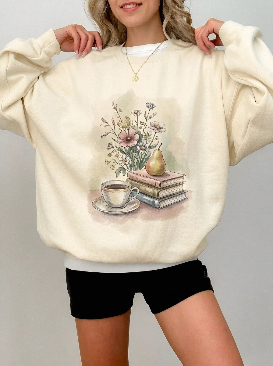 Women's Book Lover Coffee Pear Floral Printed Sweatshirt