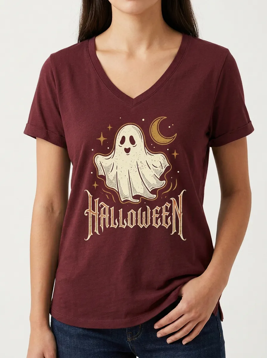 Women's Halloween Ghost Moon Stars Printed V-neck T-shirt