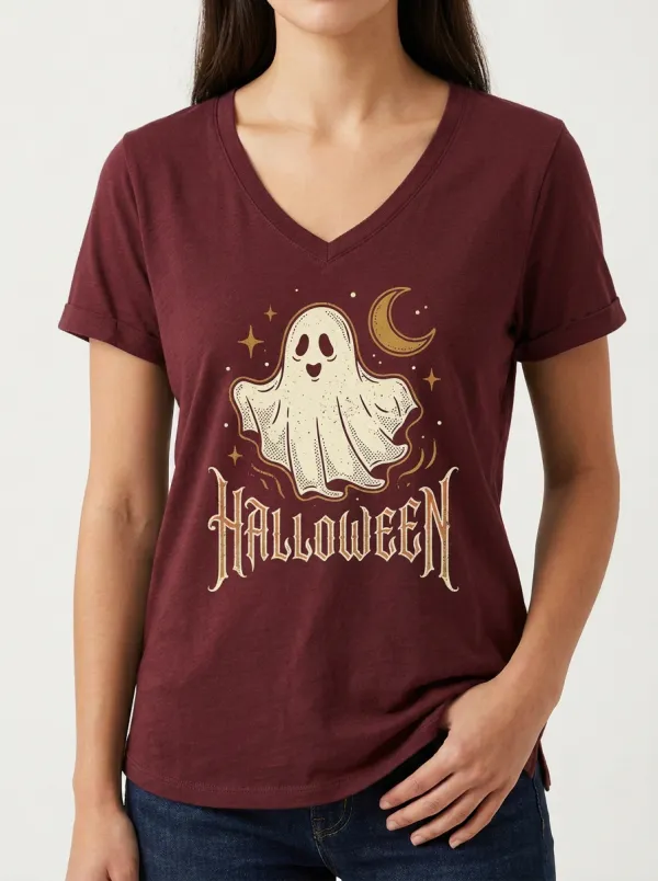 Women's Halloween Ghost Moon Stars Printed V-neck T-shirt