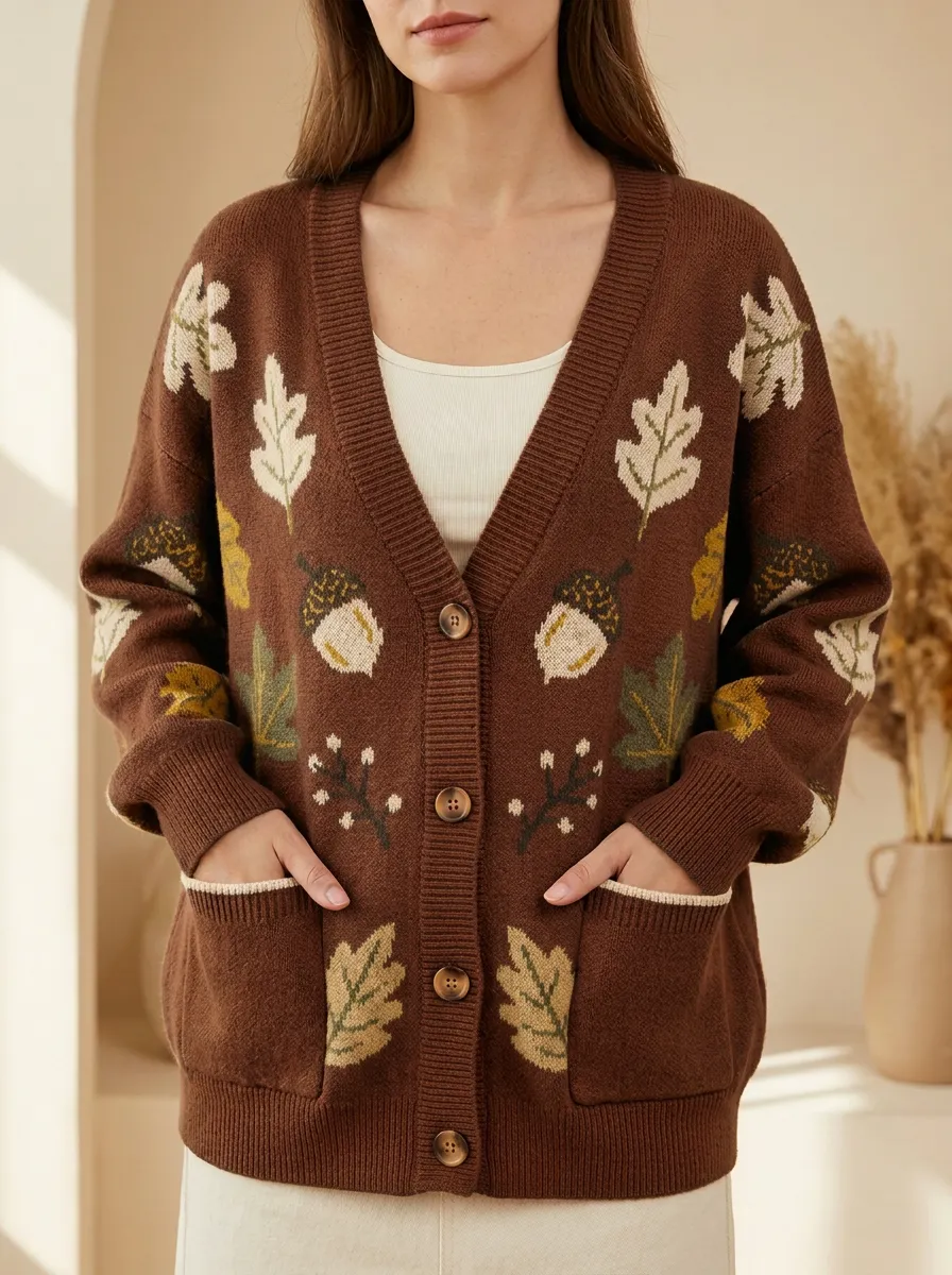 Relaxed Acorn Leaf Pattern Patterned Women's Knit Cardigan