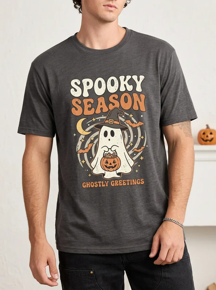 Men's Halloween Spooky Season Ghost Pumpkin Printed T-shirt