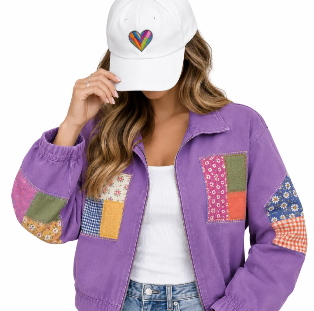 Women's Purple Colorful Patchwork Jacket, Casual Long Sleeve Zip Up Jacket