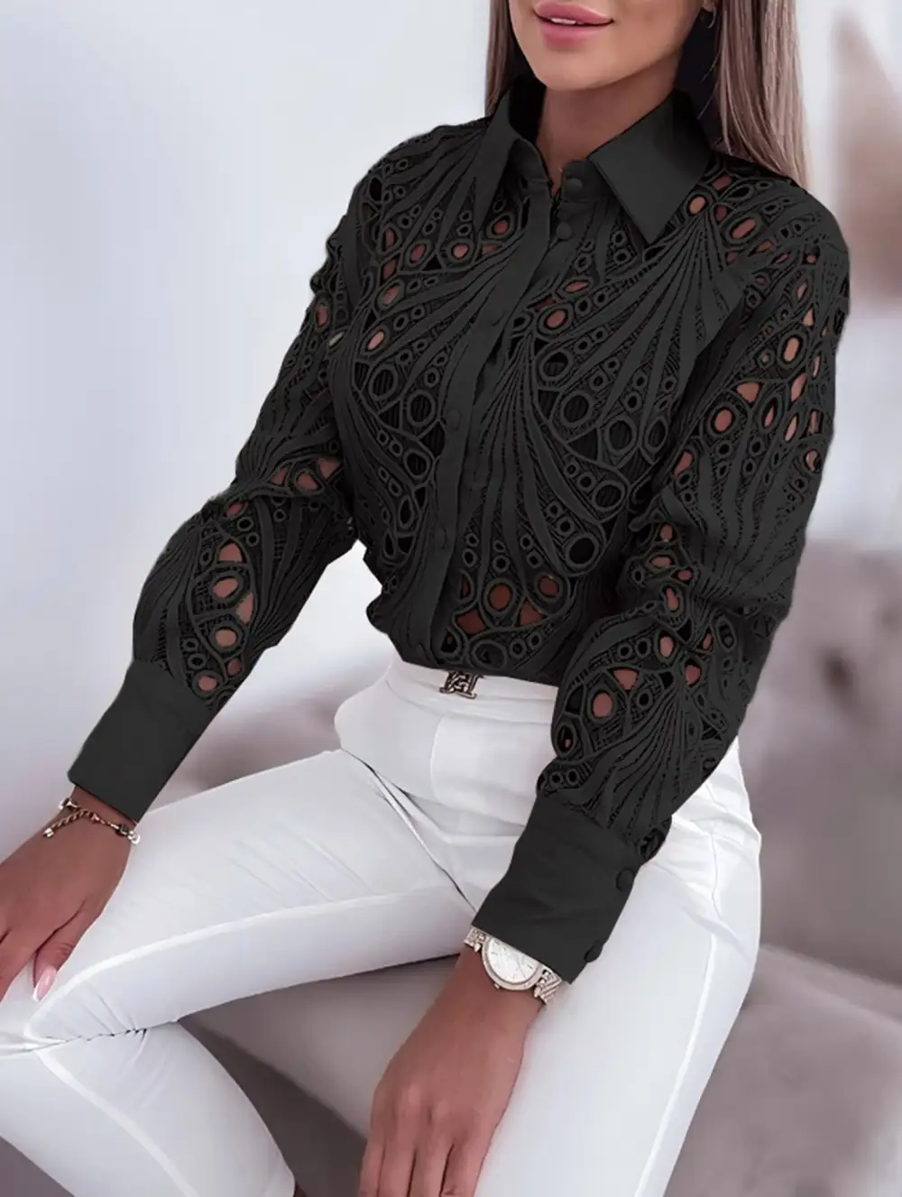 Lace Openwork Long Sleeve Blouse