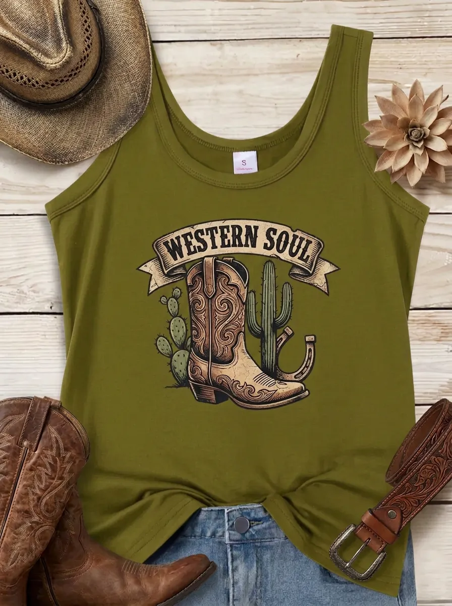 Western Soul Cowboy Boot Cactus Tank Top