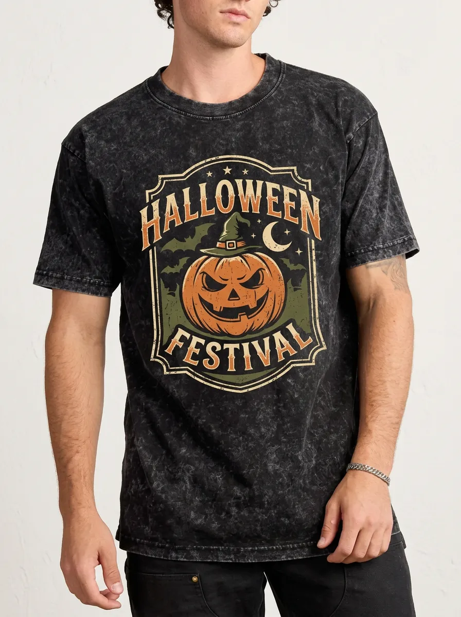 Men's Halloween Festival Pumpkin Witch Hat Printed Acid Wash T-shirt